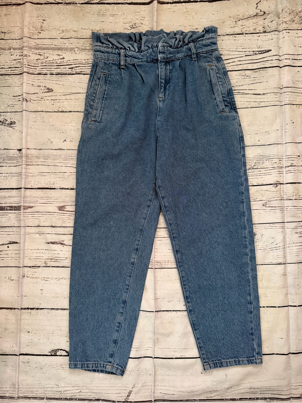 ASOS High-Rise Paperbag Waist Mom Jeans in Medium Blue